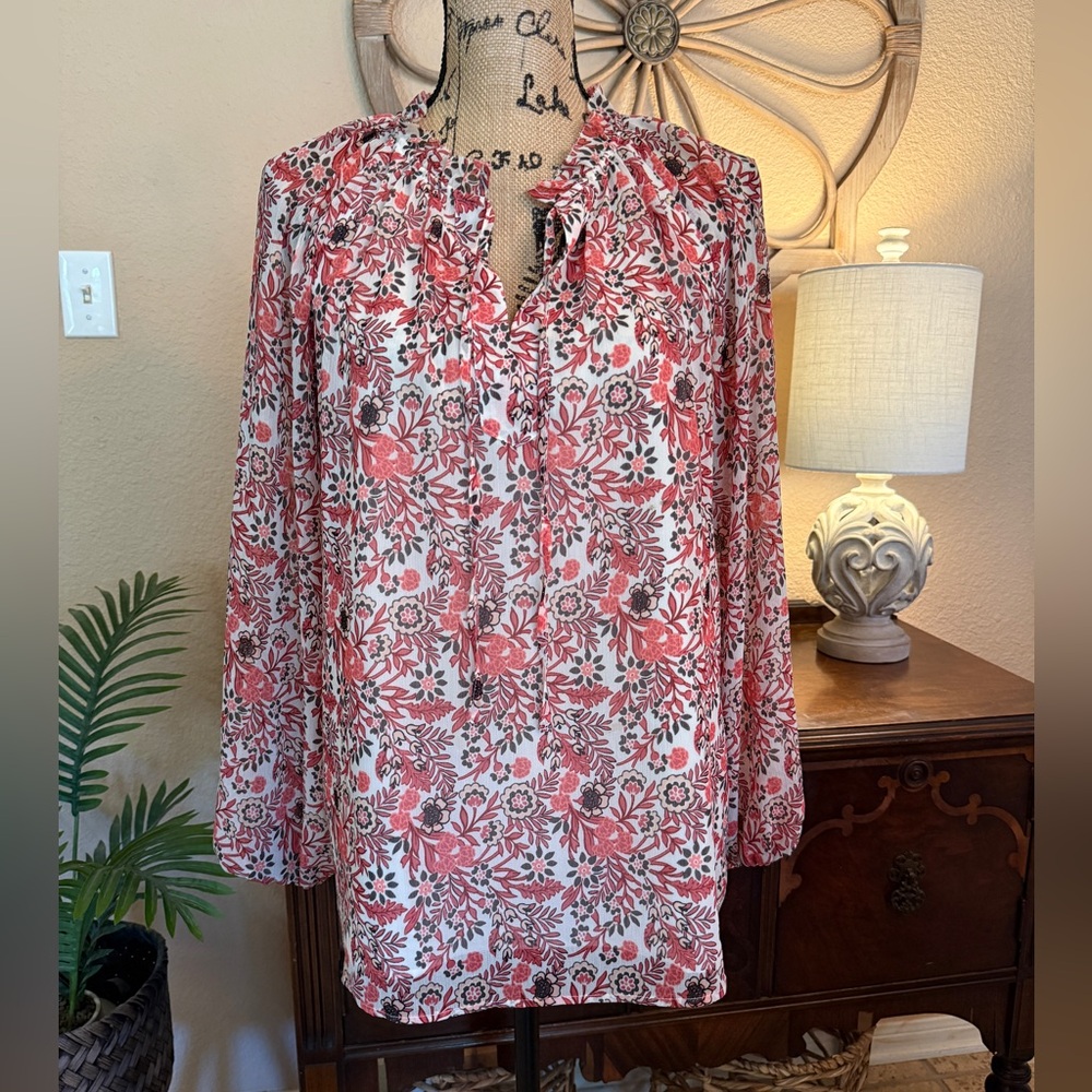 Talbots Rose Pink and Cream Floral Flowy Blouse